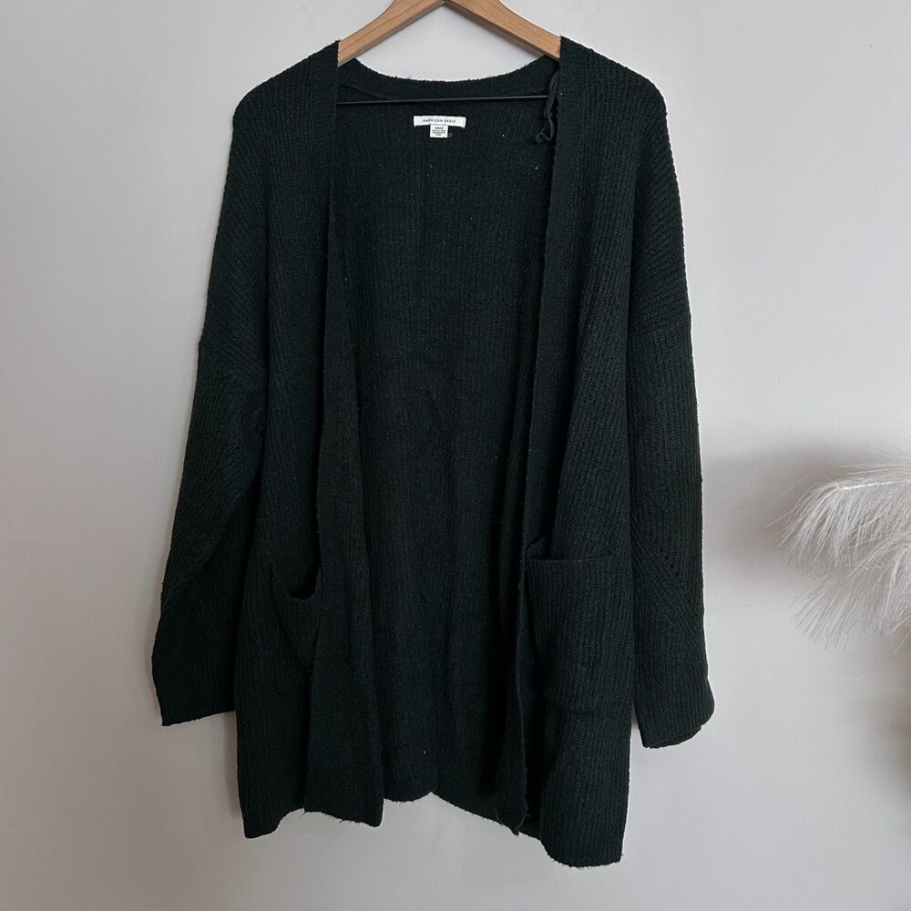 American Eagle Green Cardigan Medium Open Front Cozy Ribbed Knit Pockets